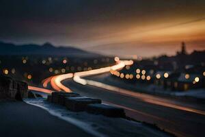 uma grandes exposição fotografia do uma estrada às crepúsculo. gerado por IA foto