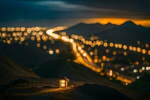 uma pequeno casa em uma Colina com luzes dentro a fundo. gerado por IA foto