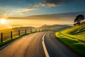 uma estrada conduzindo para a pôr do sol dentro a montanhas. gerado por IA foto