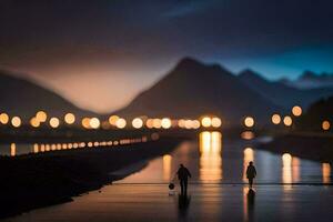 dois pessoas andar ao longo a rio às noite. gerado por IA foto