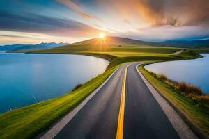 uma estrada conduzindo para uma lago às pôr do sol. gerado por IA foto