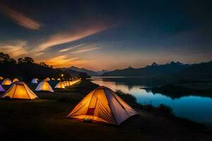 tendas conjunto acima em a costa do uma lago às crepúsculo. gerado por IA foto