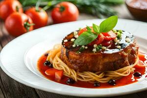 uma prato do espaguete com carne e tomate molho. gerado por IA foto