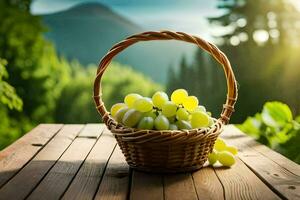 uvas dentro uma cesta em uma de madeira mesa. gerado por IA foto