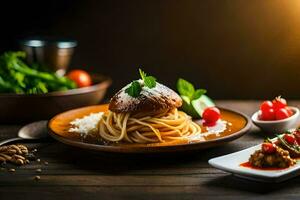 espaguete e almôndegas em uma prato com uma tigela do tomate molho. gerado por IA foto