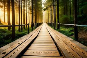 uma de madeira ponte dentro a meio do uma floresta. gerado por IA foto