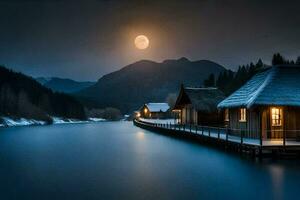 uma cheio lua brilha sobre uma lago e cabine. gerado por IA foto