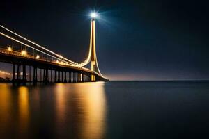 a ponte às noite com uma luz brilhando em isto. gerado por IA foto