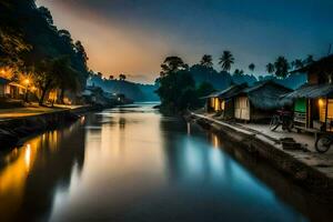 uma rio dentro a meio do uma Vila às crepúsculo. gerado por IA foto