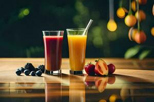 dois óculos do suco com fruta em uma mesa. gerado por IA foto