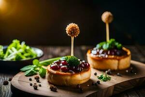 pequeno aperitivos com cerejas e legumes em uma de madeira borda. gerado por IA foto