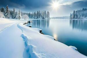 uma Nevado lago cercado de árvores e neve. gerado por IA foto