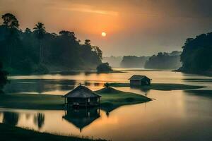 pôr do sol sobre a rio dentro tailândia. gerado por IA foto