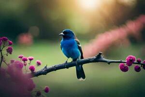 uma azul pássaro senta em uma ramo com Rosa flores gerado por IA foto