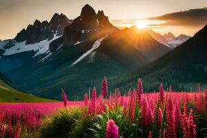 a Sol sobe sobre a montanhas e Rosa flores flor dentro a primeiro plano. gerado por IA foto