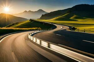 uma enrolamento estrada dentro a montanhas com a Sol contexto. gerado por IA foto