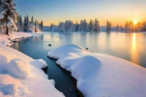 neve coberto pedras dentro a meio do uma lago. gerado por IA foto