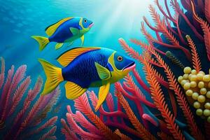dois peixe natação dentro a oceano com coral recifes. gerado por IA foto