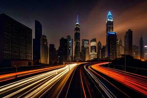 uma cidade Horizonte às noite com tráfego luzes. gerado por IA foto