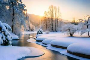 uma rio dentro a neve com árvores e neve. gerado por IA foto