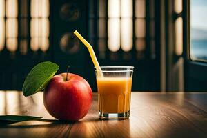 a maçã e uma vidro do suco sentar em uma mesa. gerado por IA foto