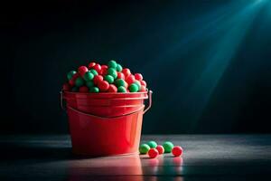 vermelho e verde doce dentro uma vermelho balde. gerado por IA foto