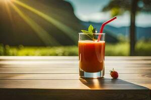 uma vidro do suco com morangos e uma canudo. gerado por IA foto