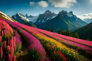 uma campo do flores e montanhas dentro a fundo. gerado por IA foto