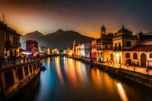 uma canal dentro frente do uma Cidade às noite. gerado por IA foto