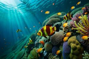 embaixo da agua cena com coral e peixe. gerado por IA foto