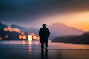 uma homem em pé dentro frente do uma lago às pôr do sol. gerado por IA foto