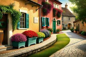 uma rua com colorida casas e flores gerado por IA foto