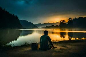 uma homem senta em a costa do uma lago às pôr do sol. gerado por IA foto