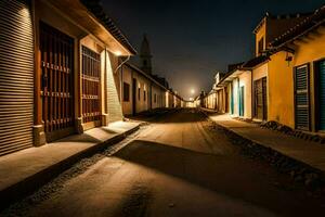 uma rua às noite com uma construção dentro a fundo. gerado por IA foto