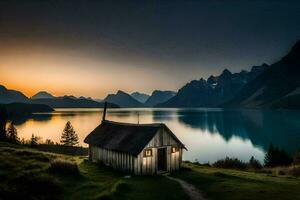 a cabine dentro a lago. gerado por IA foto