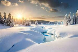 foto papel de parede a céu, neve, árvores, rio, sol, árvores, rio, a Sol. gerado por IA