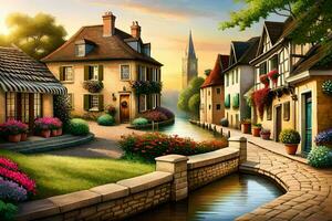 uma pintura do uma pequeno Cidade com casas e flores gerado por IA foto