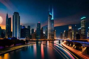 a Chicago Horizonte às noite com fogos de artifício. gerado por IA foto