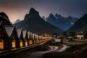 a montanhas estão aceso acima às noite com casas. gerado por IA foto