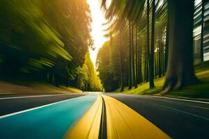 uma embaçado imagem do uma estrada dentro a madeiras. gerado por IA foto