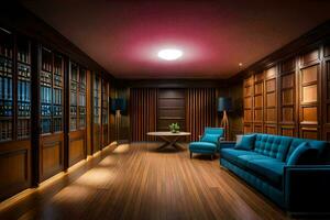 a vivo quarto tem de madeira painéis e uma azul sofá. gerado por IA foto