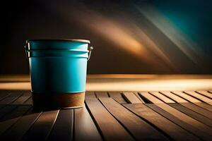 uma azul balde sentado em uma de madeira chão. gerado por IA foto