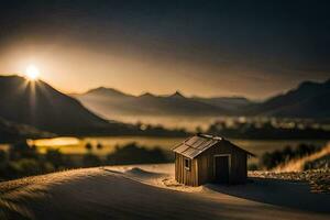 uma pequeno cabana dentro a meio do uma deserto. gerado por IA foto