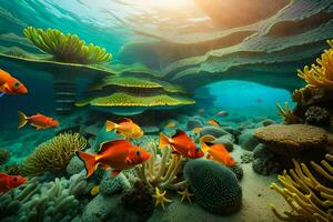 a embaixo da agua cena com coral e peixe. gerado por IA foto