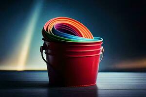 uma vermelho balde com colorida plástico copos dentro. gerado por IA foto