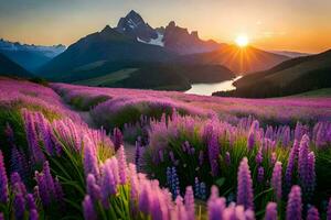 a Sol sobe sobre uma campo do roxa flores dentro a montanhas. gerado por IA foto