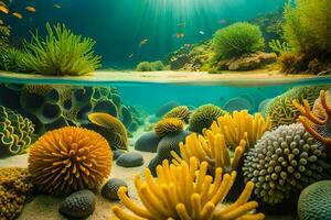 a embaixo da agua cena com coral e peixe. gerado por IA foto