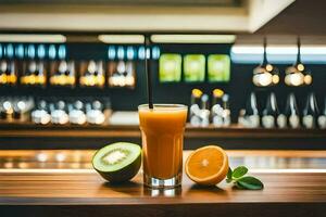 uma vidro do laranja suco com uma fatia do kiwi em a contador. gerado por IA foto