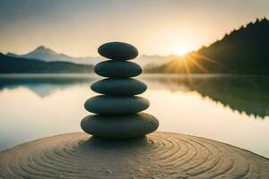 uma pilha do pedras senta em topo do uma lago às pôr do sol. gerado por IA foto