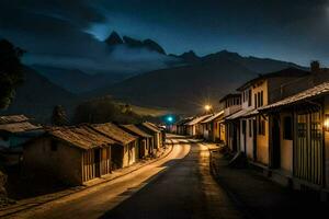 uma rua dentro a montanhas às noite. gerado por IA foto